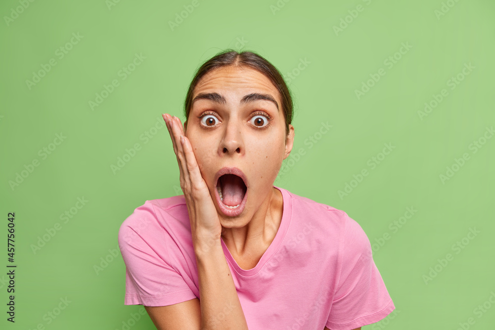 Shocked worried young European woman keeps jaw dropped hand on cheek cannot believe in amazing news wears casual pink t shirt isolated over green background feels very surprised forgot remember Shocked worried young European woman keeps jaw dropped hand on cheek cannot believe in amazing news wears casual pink t shirt isolated over green background feels very surprised forgot remember