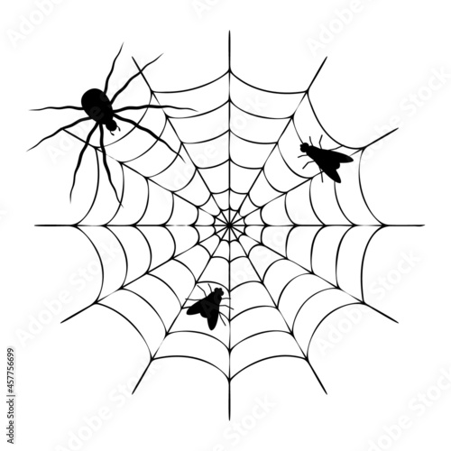 Flies caught in spiderweb. Black silhouettes of insects stuck to sticky web. Creepy spider slowly crawling towards vector victims