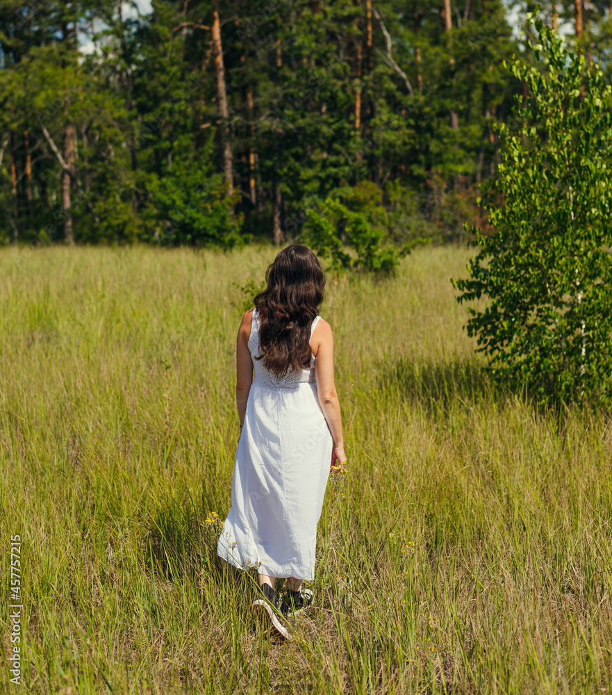 Rear view of a woman in a long white dress walking along a meadow