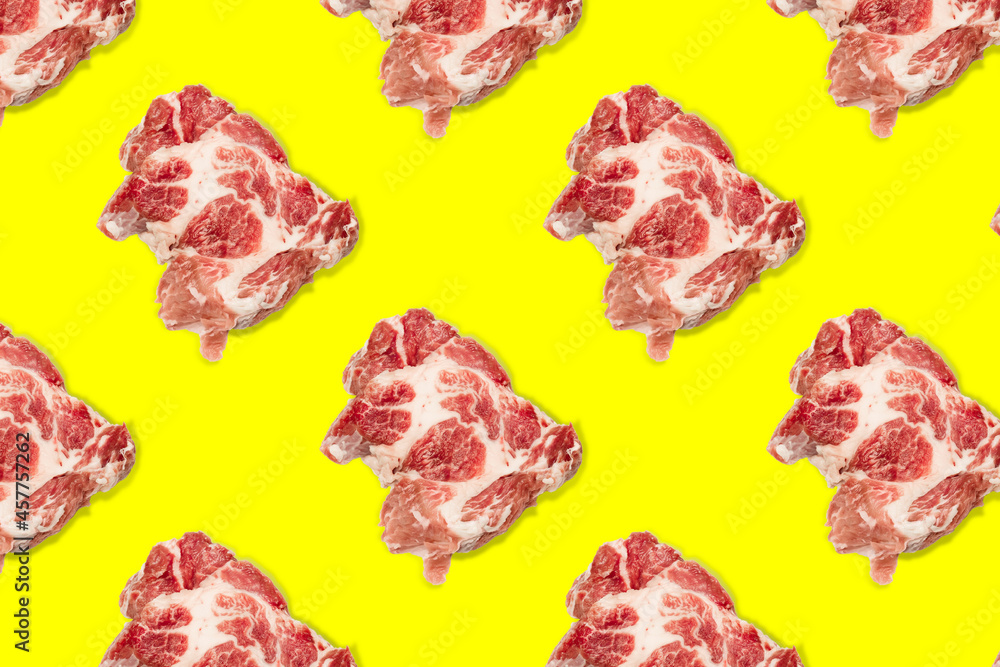 Seamless food pattern with raw pork meat slices on yellow background, beef steaks. top view. Food flatly flat lay Seamless food pattern with raw pork meat slices on yellow background, beef steaks. top view. Food flatly flat lay