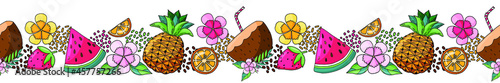 summer food seamless border, tropical fruit and flowers and leaves, ice cream cones and sticks , watermelon slices vector frame