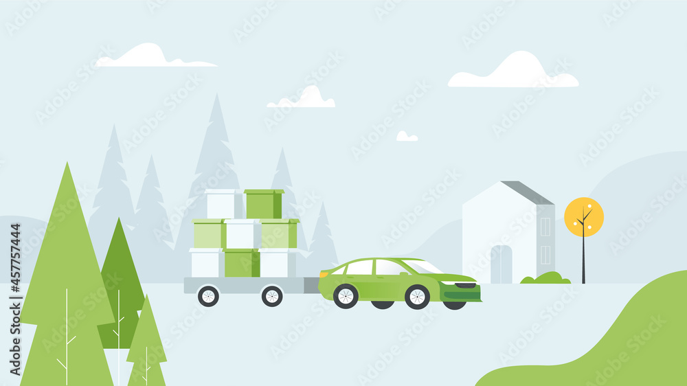 Car pickup with trailer. Out of home, outdoor advertising. Vector illustration, flat cartoon style. Isolated on white background.
