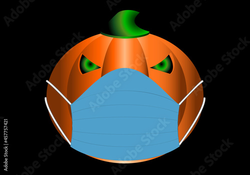 Calabaza de Halloween con mascarilla sobre fondo negro. Halloween en pandemia. Uso obligatorio de mascarilla en Halloween
