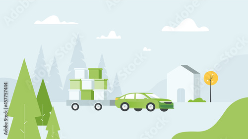 Car pickup with trailer. Out of home, outdoor advertising. Vector illustration, flat cartoon style. Isolated on white background.