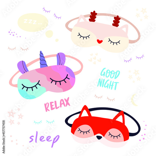 A set of sleep masks with the image of a unicorn, a Christmas deer and a fox, and the phrases good night, sleep, relax. Blindfolds for quality rest isolated on a white background.