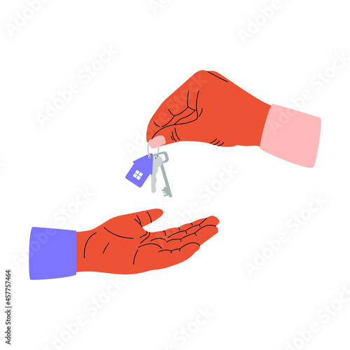 A flat vector cartoon illustration of a hand giving the keys to the house to another hand. The concept of buying or selling real estate. Isolated design on a white background.