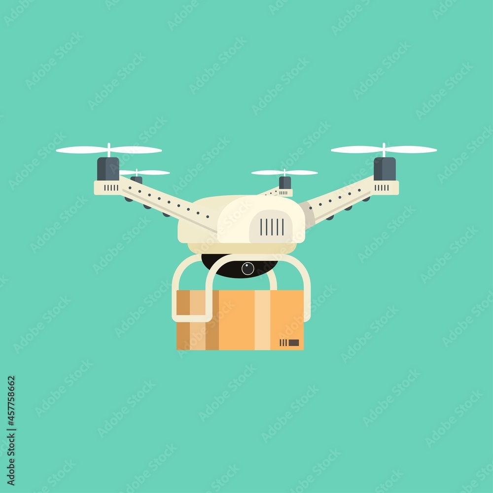 Drone isolated on a green background. Realistic Drone illustration for home delivery. Quadcopter with the camera. Remote aerial drone with a camera taking photography or video recording.