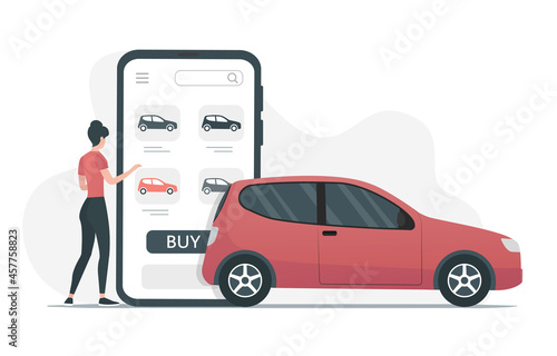Buying renting a car online. Car dealership. Colored flat vector illustration. Isolated on white background.