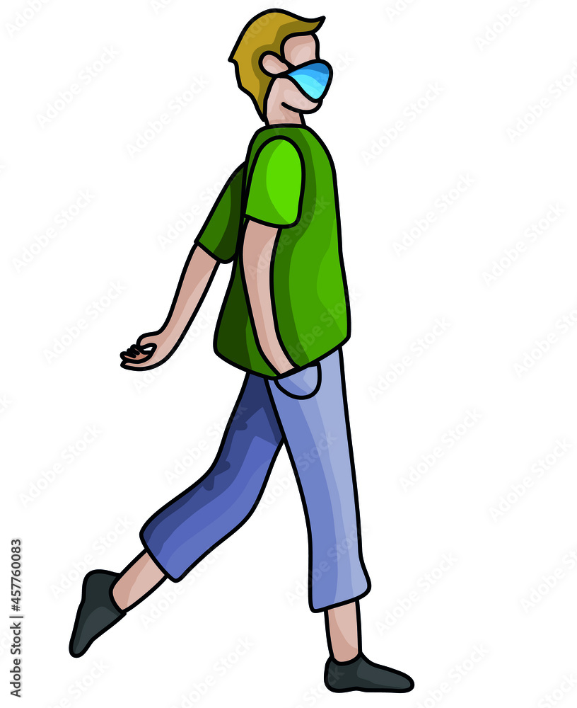 Vector printable character illustration: Walking man wearing face mask Vector printable character illustration: Walking man wearing face mask