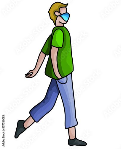 Vector printable character illustration: Walking man wearing face mask 