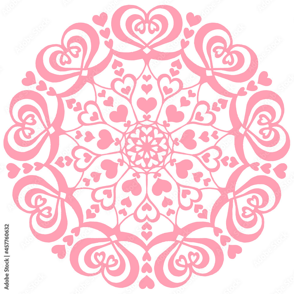 Obraz premium ハートの丸いレース曼荼羅イラスト素材 ピンク／Round heart lace mandala illustration material
