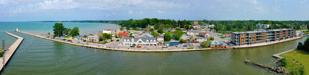 Fototapeta premium Aerial panorama scene of Port Dover, Ontario, Canada waterfront
