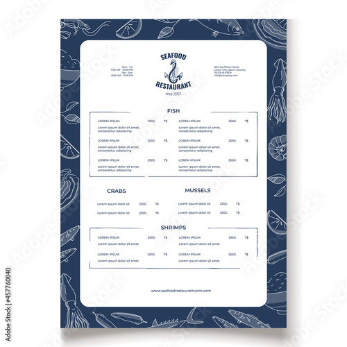 Local Fish and Seafood Restaurant Menu template. Typography Layouts Bundle with Hand Drawn set of elements with trout, shell, shrimp, tuna and salmon sketches. Vector illustration