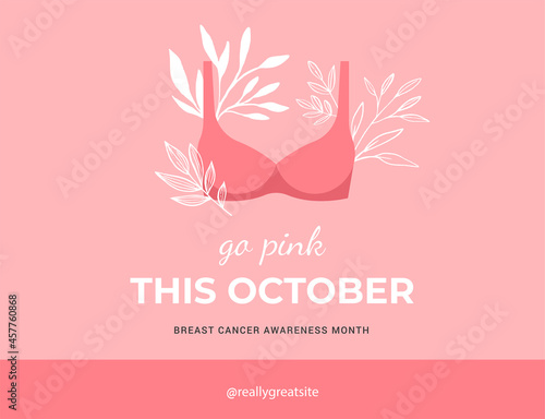 Breast Cancer Awareness month. Pink, minimalistic poster design with bra and flowers. October is Cancer Awareness Month