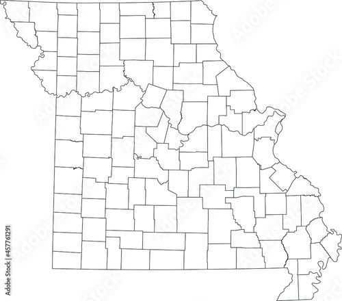 White blank vector map of the Federal State of Missouri, USA with black borders of its counties