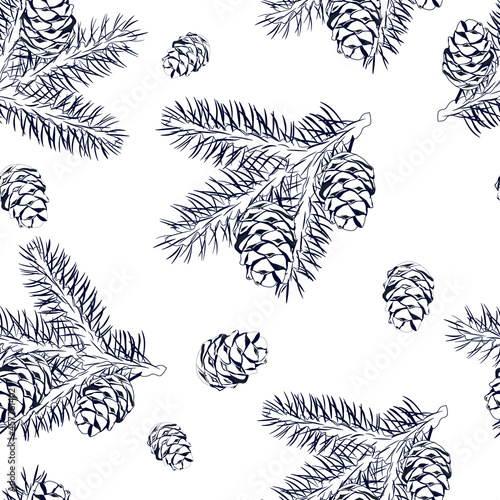 Cedar branch with a cone vector stock illustration. New Year's seamless pattern. For wrapping paper. Ideal for wallpaper, surface textures, textiles