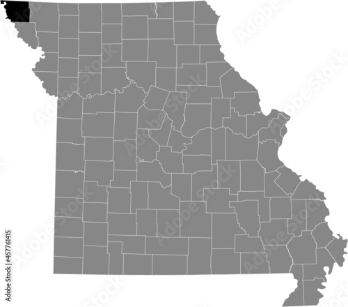 Black highlighted location map of the Atchison County inside gray map of the Federal State of Missouri, USA