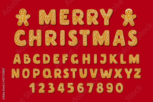 Christmas gingerbread alphabet font and numbers. Winter glased cookies in shape of english letters with gingerbread man. Cartoon Vector illustration