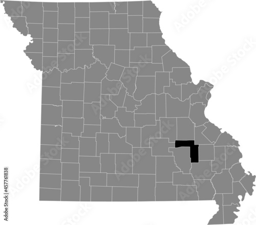 Black highlighted location map of the Iron County inside gray map of the Federal State of Missouri, USA