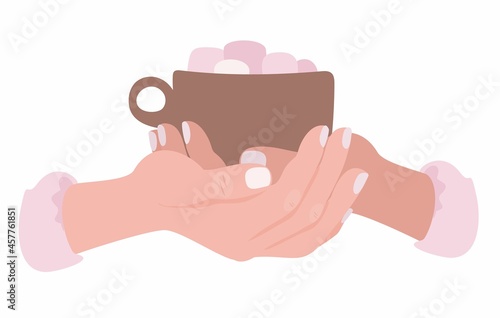 Flat vector cartoon illustration of hands holding cup of coffee or tea. Holiday Lovely Mug. Female hands.