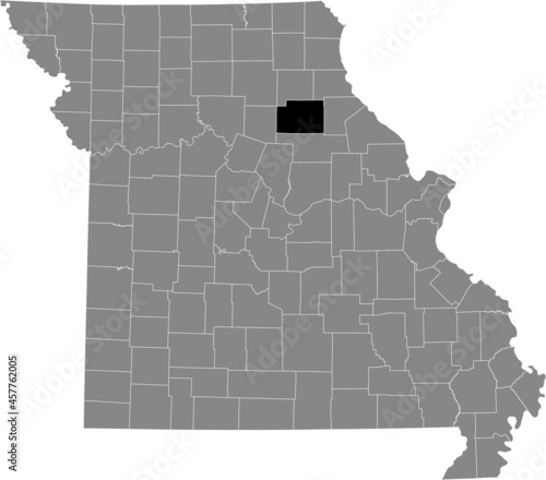 Black highlighted location map of the Monroe County inside gray map of the Federal State of Missouri, USA