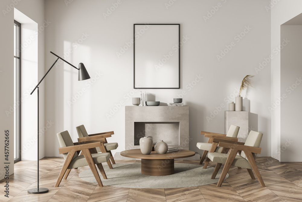 Fototapeta premium Framed canvas on white wall of living room seating area