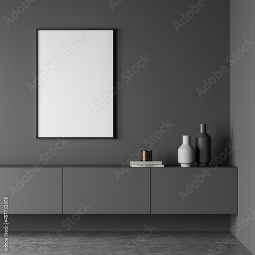 Dark living room interior with white empty poster  sideboard
