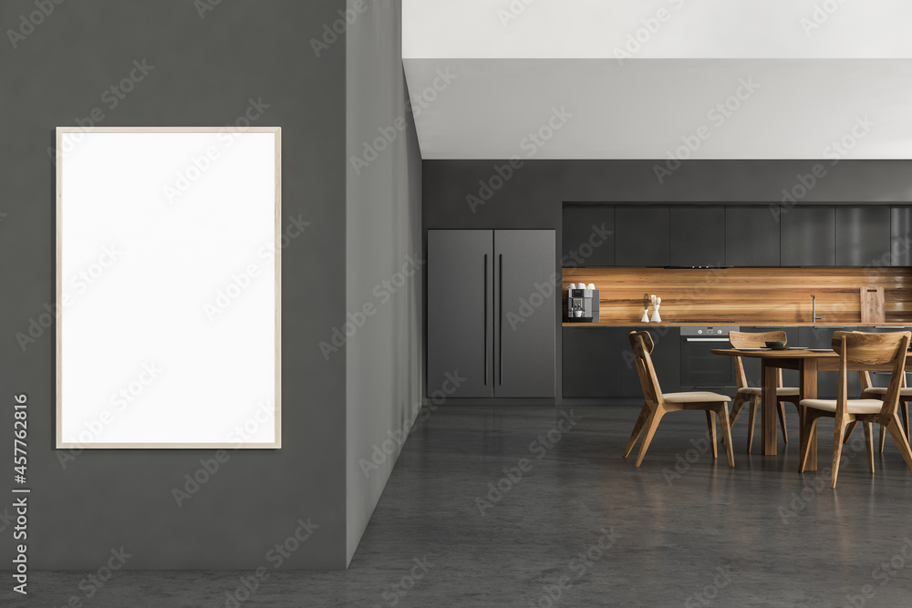Dark kitchen room interior with empty white poster, concrete floor Dark kitchen room interior with empty white poster, concrete floor