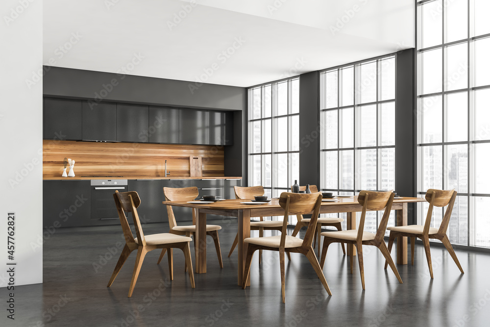 Fototapeta premium Corner view on kitchen room interior with concrete floor