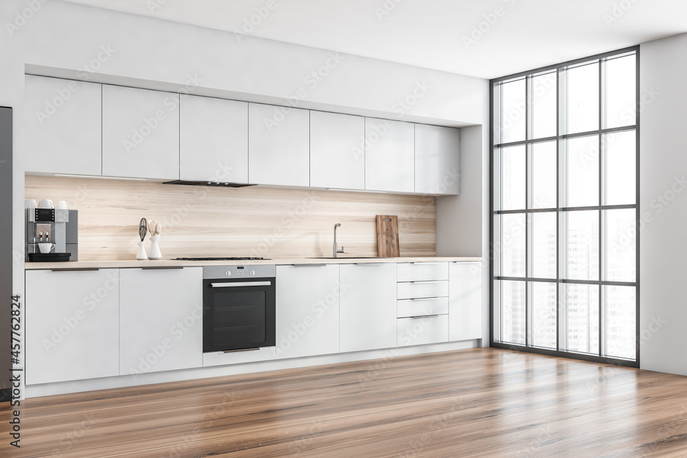 Corner view on kitchen room interior with oak wooden floor Corner view on kitchen room interior with oak wooden floor