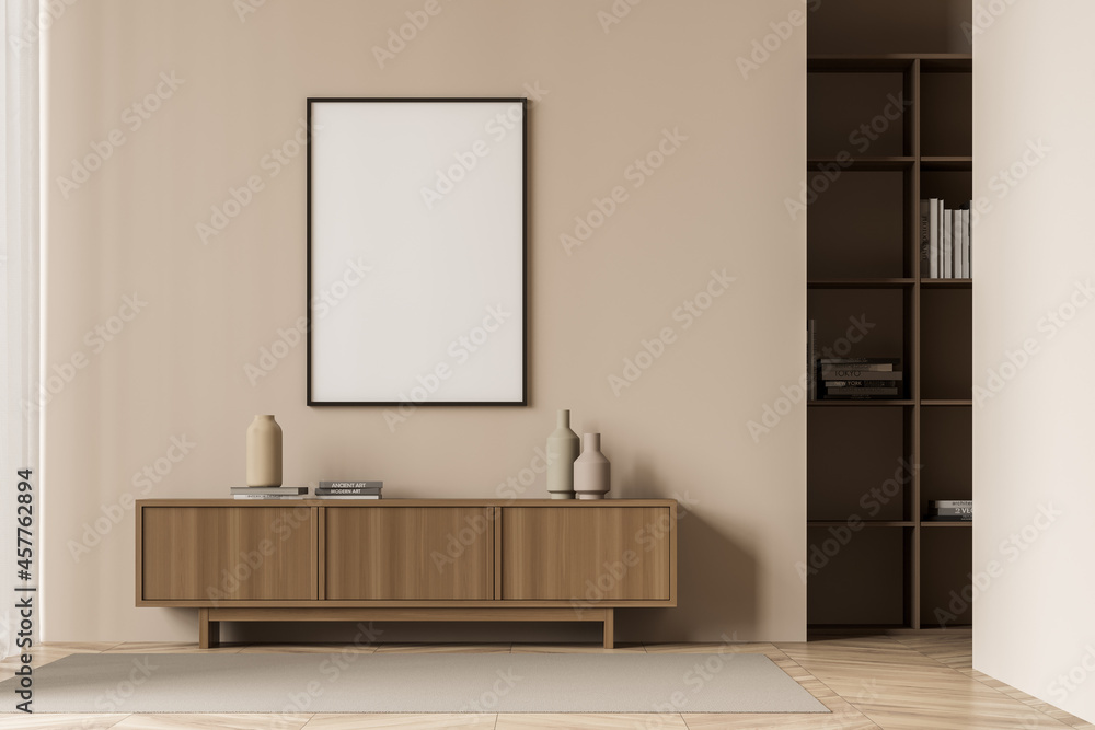 Bright living room interior with white empty poster Bright living room interior with white empty poster
