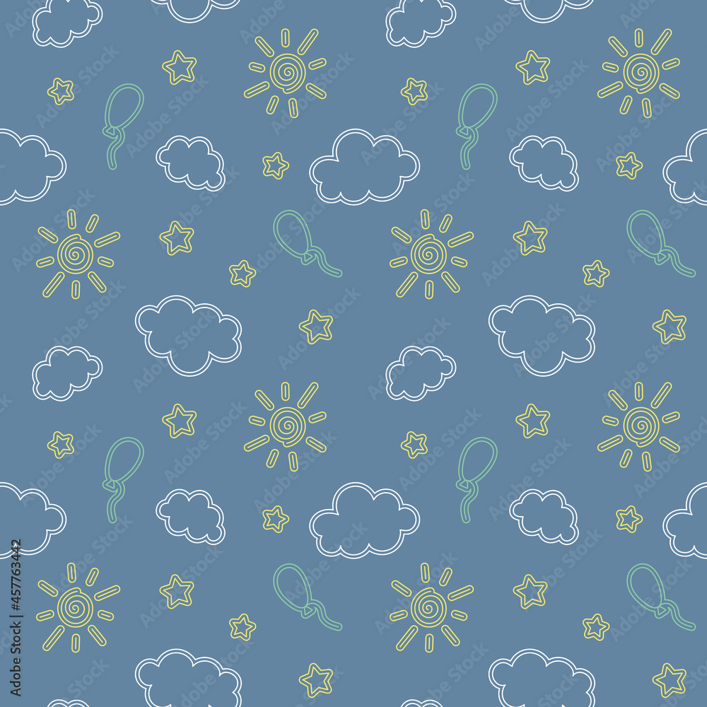 Gpaphic vector seamless pattern with sun, clouds, stars and balloons on a light blue background. It's suitable for baby fabric or textile, children clothes or other printable items. Gpaphic vector seamless pattern with sun, clouds, stars and balloons on a light blue background. It's suitable for baby fabric or textile, children clothes or other printable items.