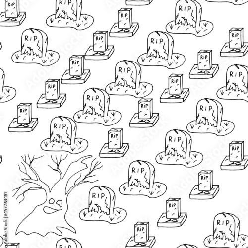 Hand drawn seamless Helloween pattern of horror  tree and  cemetery  helloween symbols for textiles and printed matter. Vector illustration.