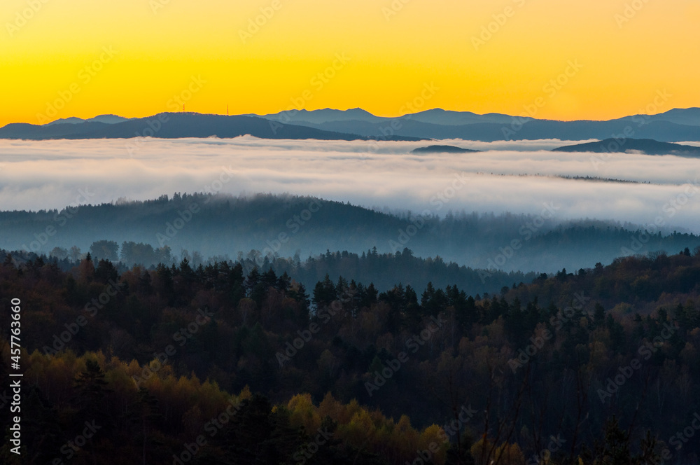 View from the Słonne Mountains to the Bieszczady Mountains at sunrise, Sanok, Wujskie, Bieszczady Mountains