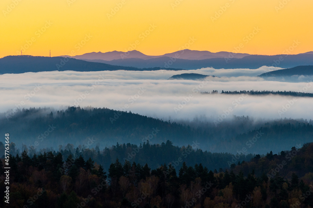 Fototapeta premium View from the Słonne Mountains to the Bieszczady Mountains at sunrise, Sanok, Wujskie, Bieszczady Mountains