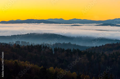 View from the Słonne Mountains to the Bieszczady Mountains at sunrise, Sanok, Wujskie, Bieszczady Mountains