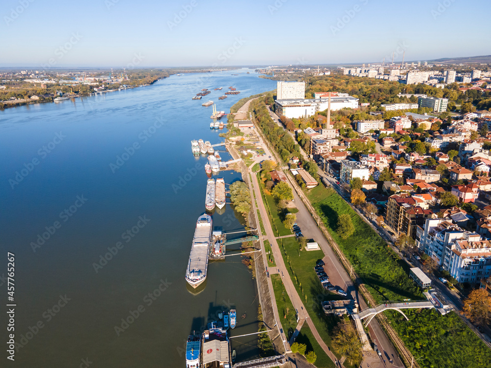 Obraz premium Aerial view of Danube River and City of Ruse, Bulgaria