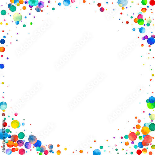 Watercolor confetti on white background. Adorable rainbow colored dots. Happy celebration square colorful bright card. Lovely hand painted confetti.