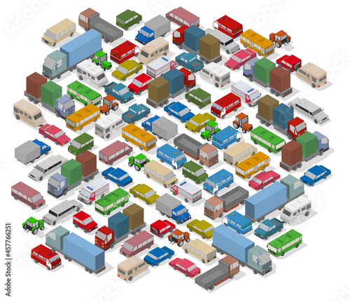 Isometric cars. Background for illustration traffic jam, city problem and your design.