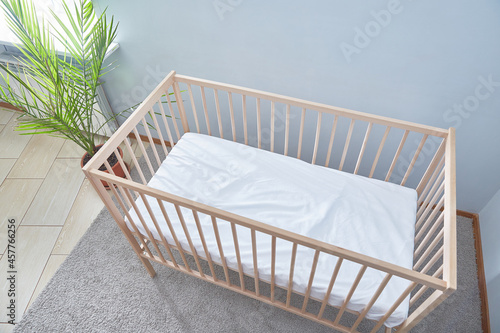 Baby bed top view. A bright room with a green potted flower and a carpeted floor. photo