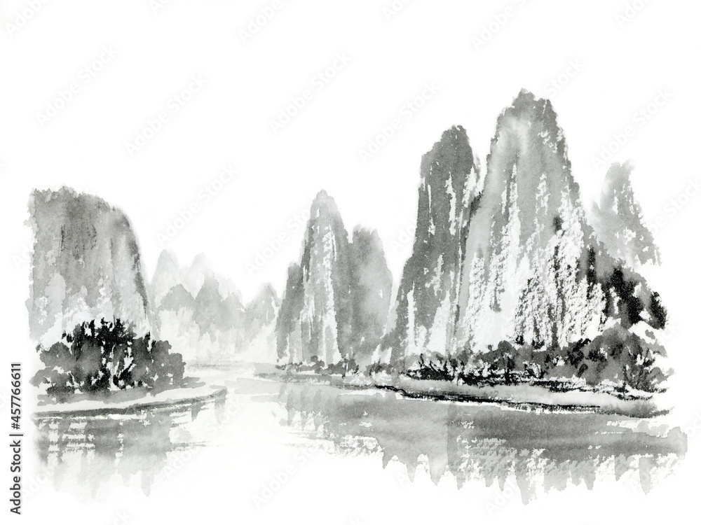中国画 授かり 額縁入り 山水画 水墨画 中国画 授かり 額縁入り 山水画 水墨画