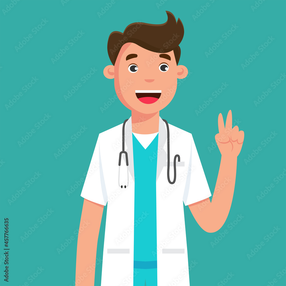 Doctor - Vector illustration of doctor. The doctor smiled and held up two fingers. fight against virus covid-19 Doctor - Vector illustration of doctor. The doctor smiled and held up two fingers. fight against virus covid-19