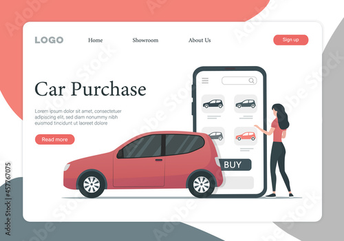 Buying renting a car online. Car dealership landing page. Colored flat vector illustration. Isolated on white background.