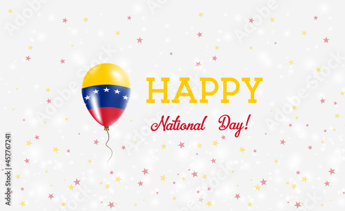 Venezuela National Day patriotic poster. Flying Rubber Balloon in Colors of the Venezuelan Flag. Venezuela National Day background with Balloon, Confetti, Stars, Bokeh and Sparkles.