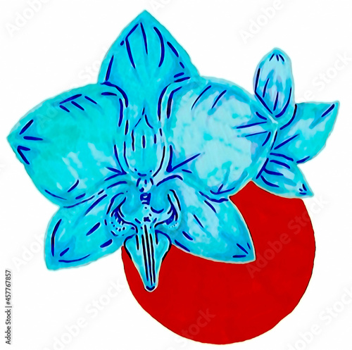 Gorgeous, beautiful blue and blue orchid. Japanese style. The red circle is the sun. Technique alcohol markers. Materials alcohol markers.