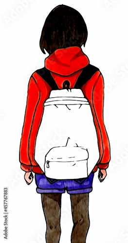 A girl from the back with a backpack in a red hoodie, shorts and tights. Watercolour technique. Materials: watercolour, liner.
