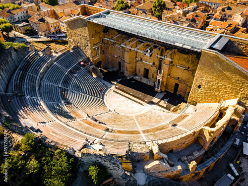 The aerial view of Orange, an old Roman city in the Vaucluse department in the Provence-Alpes-Côte d'Azur region in Southeastern France