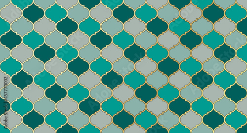 Turkish Mosque Window Vector Seamless Pattern. Ramadan mubarak muslim background. Traditional ramadan kareem mosque pattern with gold grid mosaic. Islamic window grid design of lantern shapes tiles