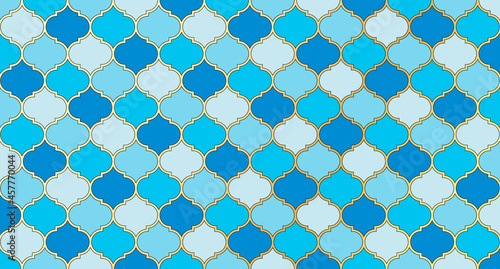 Turkish Mosque Window Vector Seamless Pattern. Ramadan mubarak muslim background. Traditional ramadan kareem mosque pattern with gold grid mosaic. Islamic window grid design of lantern shapes tiles