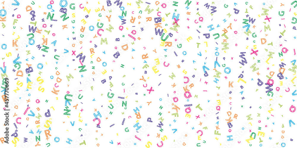 Falling letters of English language. Colorful messy sketch flying words of Latin alphabet. Foreign languages study concept. Enchanting back to school banner on white background. Falling letters of English language. Colorful messy sketch flying words of Latin alphabet. Foreign languages study concept. Enchanting back to school banner on white background.